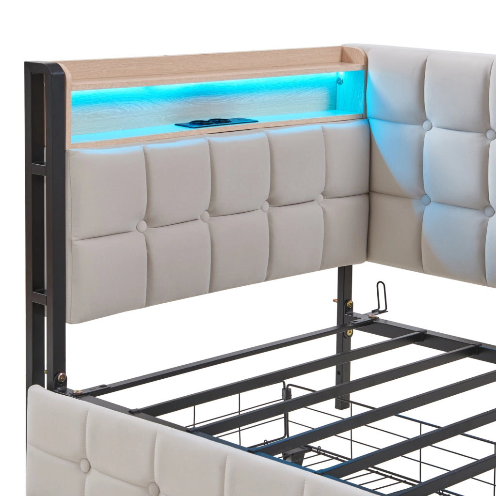 Divano letto 90x200 cm con 2 cassetti, LED, USB e USB-C in velluto beige