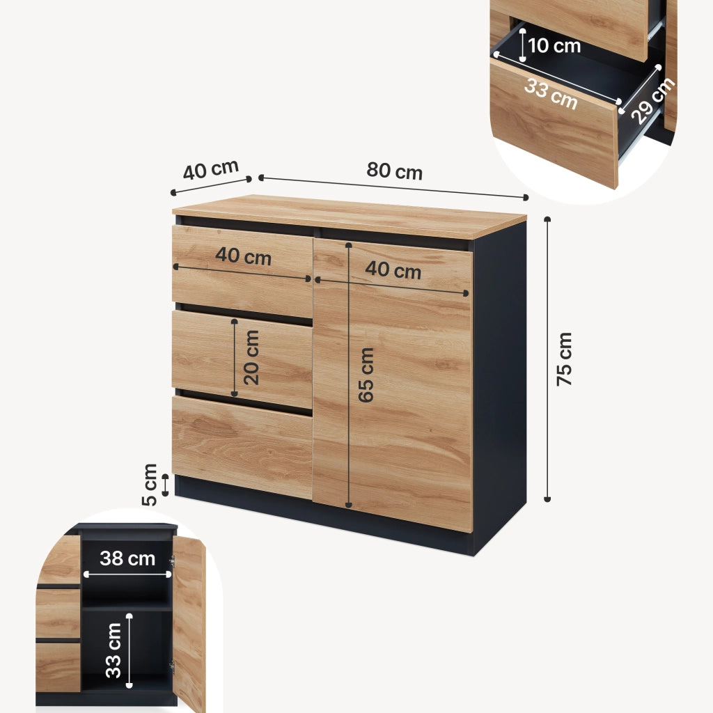 Credenza Mobile Contenitore Kyr Comò con Anta e 3 Cassetti 80 x 40 x 75 cm - Nero/Effetto Rovere Rustico [en.casa]