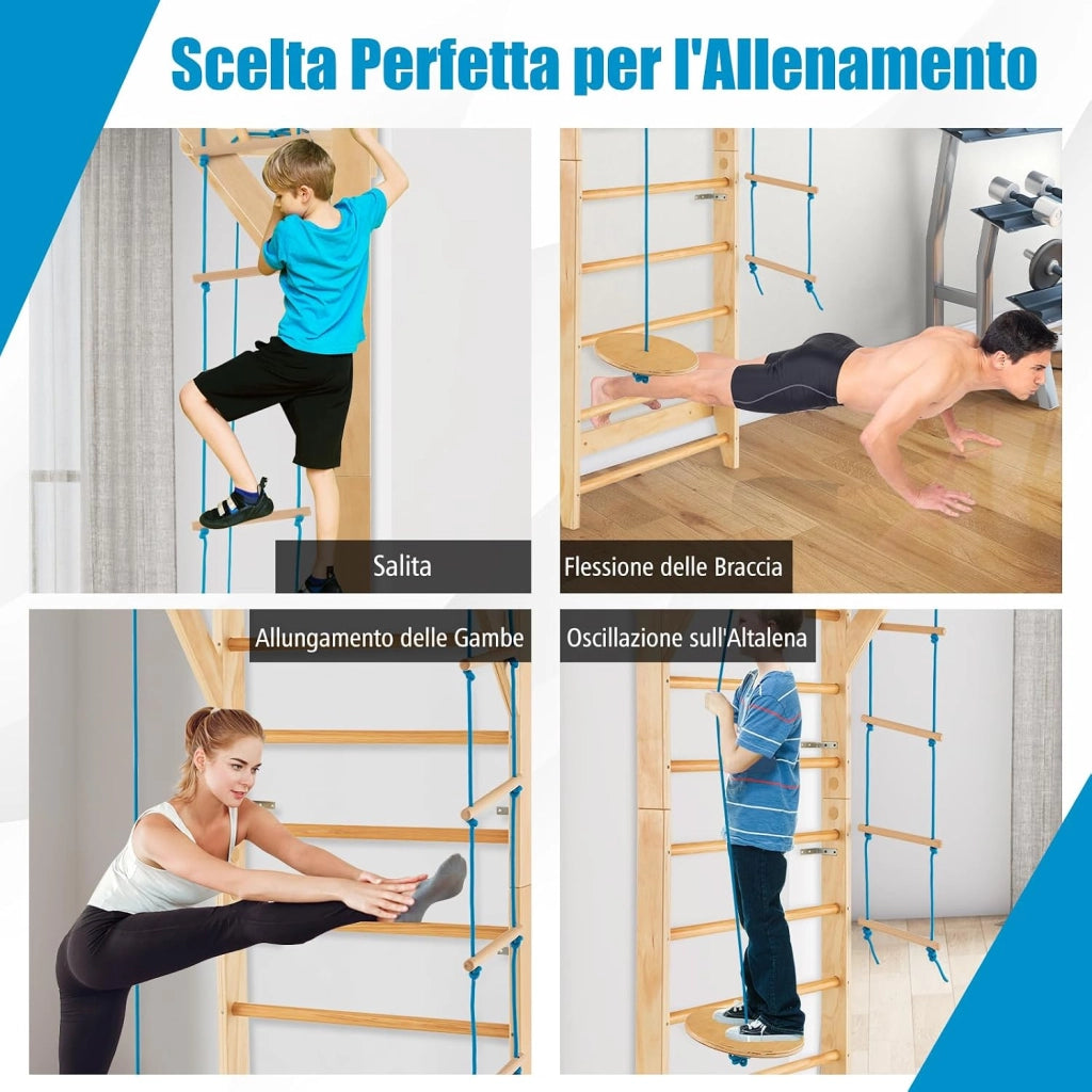Spalliera Svedese in Legno, Scala Svedese Adulti e Bambini con 13 Barre, Scala a Corda e Trapezio Rotondo, Spalliera per Fitness e Fisioterapia da Palestra e Casa, Portata 100 kg