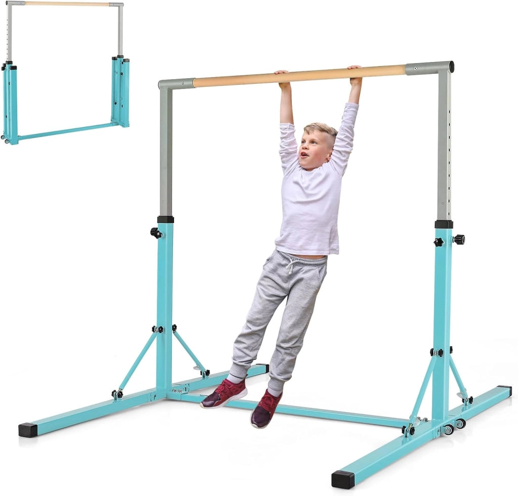 KOMFOTTEU Barra da ginnastica per bambini, barra orizzontale con altezza regolabile a 13 livelli, barra da allenamento in metallo e legno, attrezzatura da palestra con carico di 100 kg