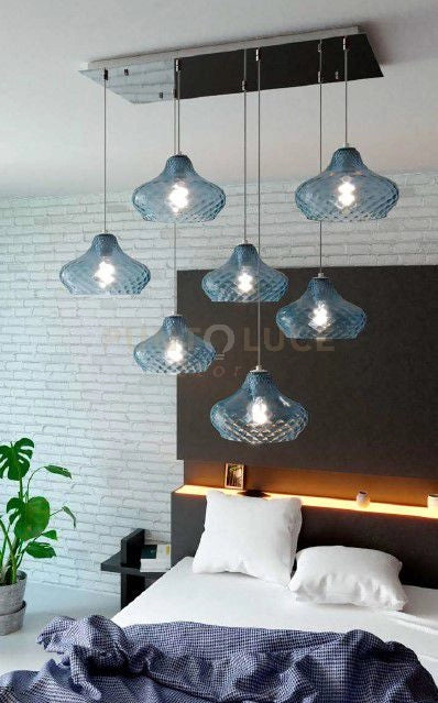 SOSPENSIONE CROMO 7 LUCI RETTANGOLARE VETRI PICCOLI ZAFFIRO 1191CR-S7 RP-ZA