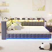 Divano letto imbottito ULEVR 140x200 cm con vano idraulico, LED, presa, USB e Type-C, velluto grigio