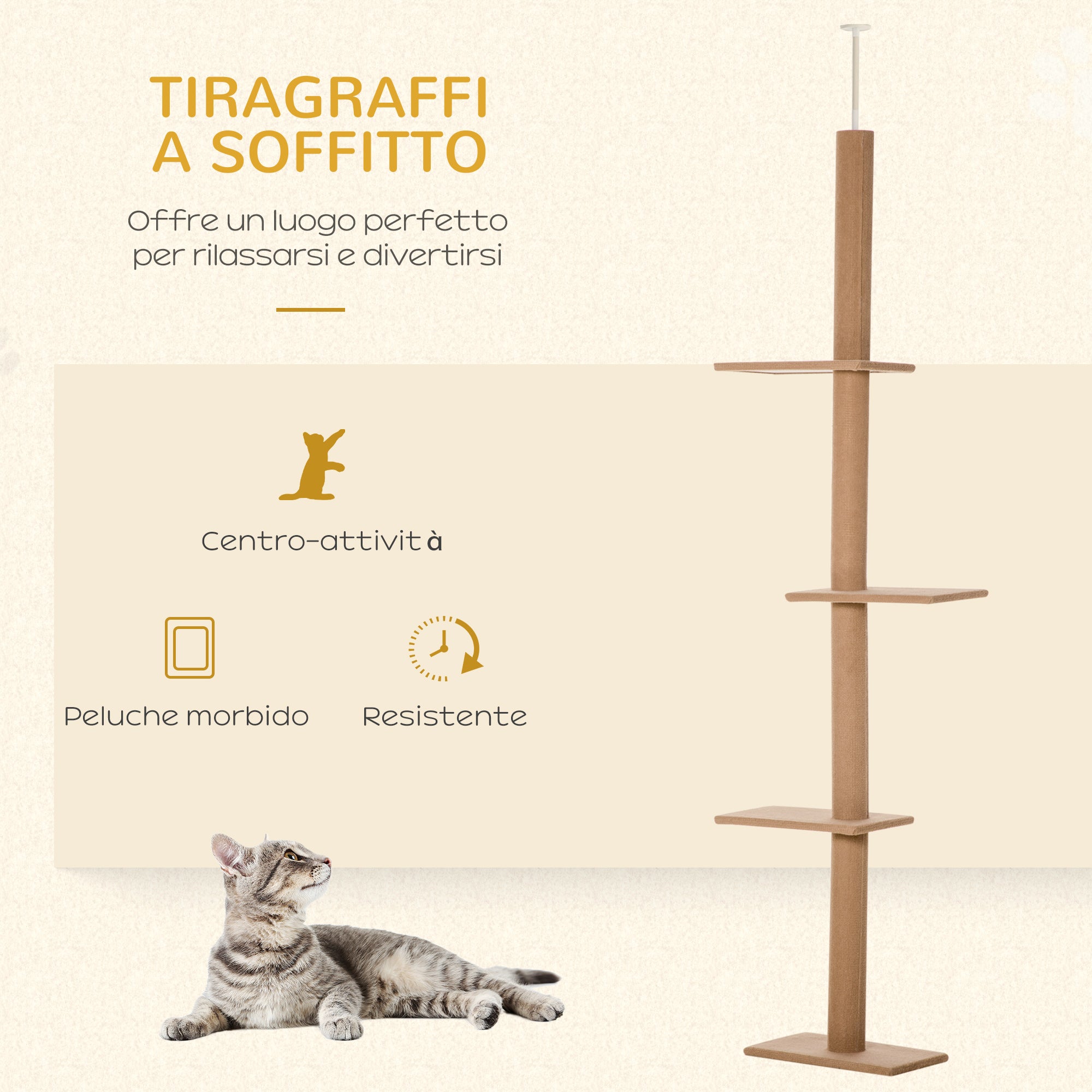 Albero Tiragraffi per Gatti 43x27x228-260 cm con Fissaggi oa Soffitto Marrone