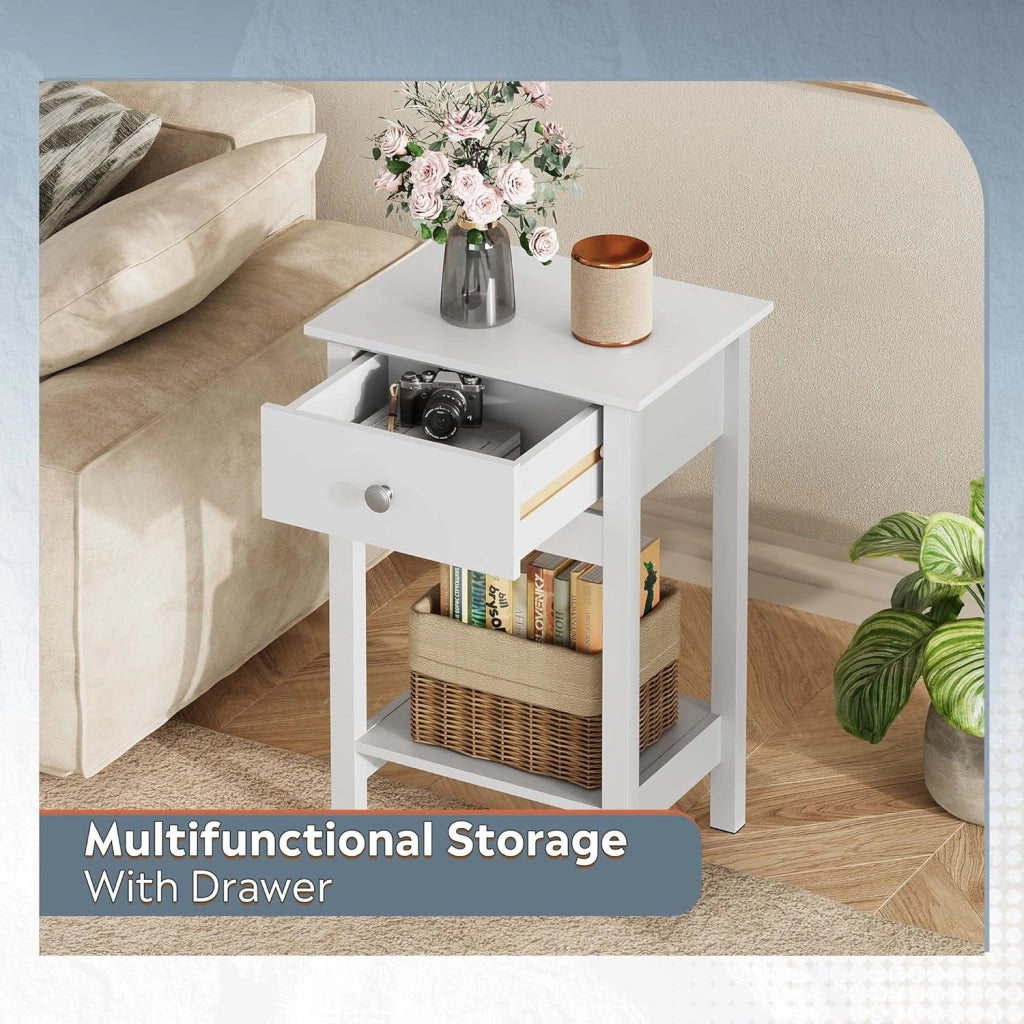 Comodino in legno con cassetto e ripiano ¨C zephmum ¨C Bianco