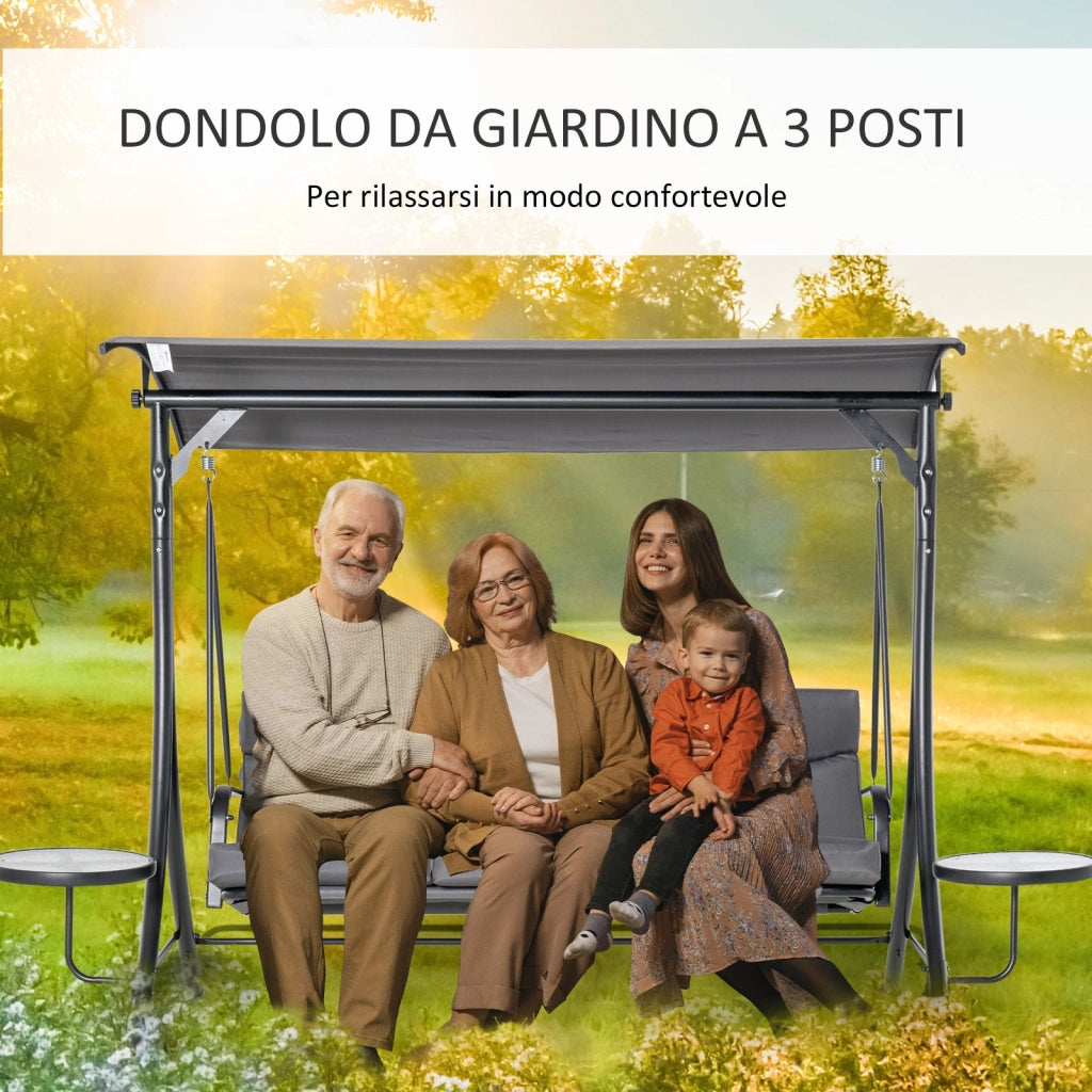 Dondolo da Giardino 3 Posti in Metallo con 2 Tavolini Grigio