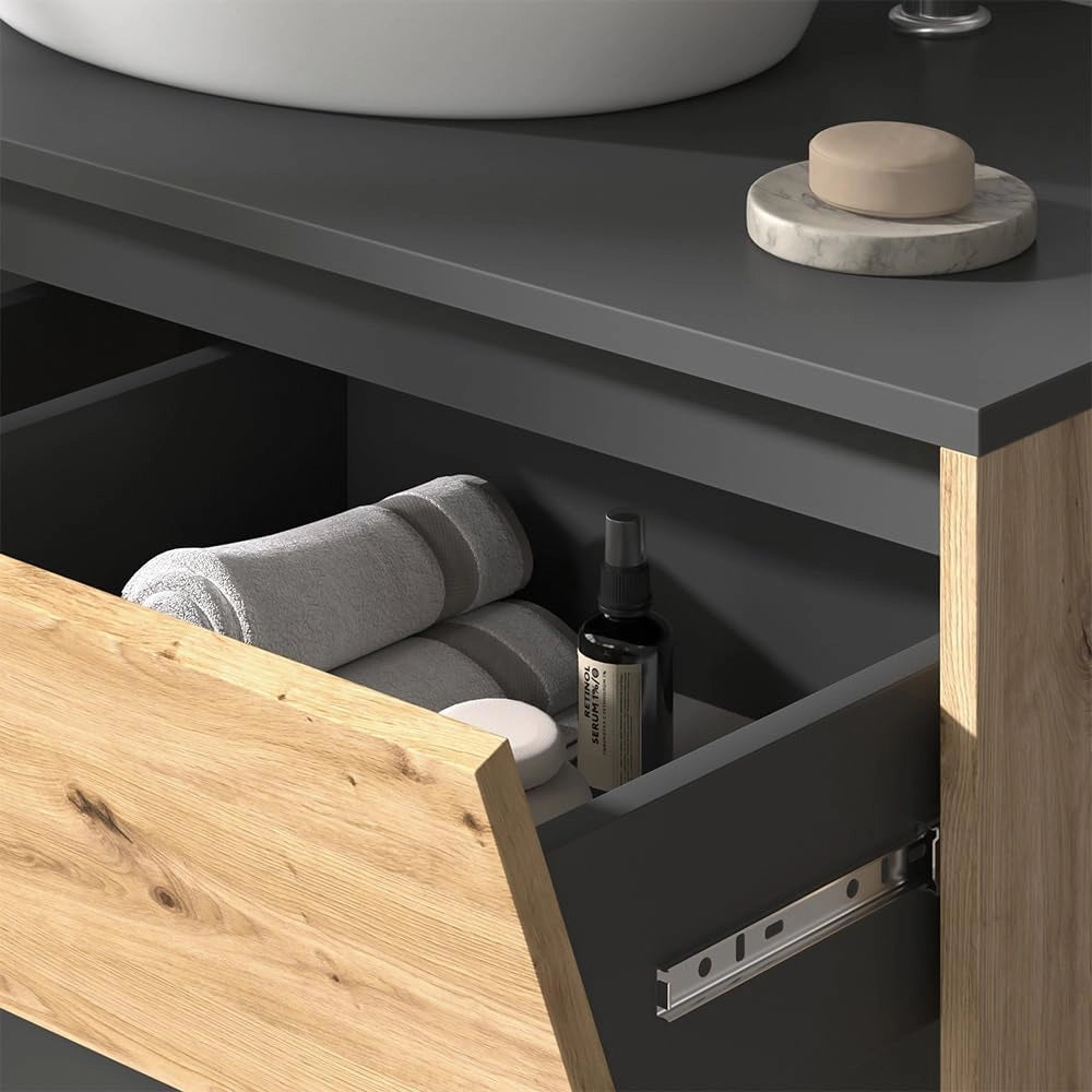Mobile sottolavabo per bagno Edelin, Antracite/Artisan, 100 x 50 cm con 2 cassetti, per montaggio a parete e compatibile con sifoni standard