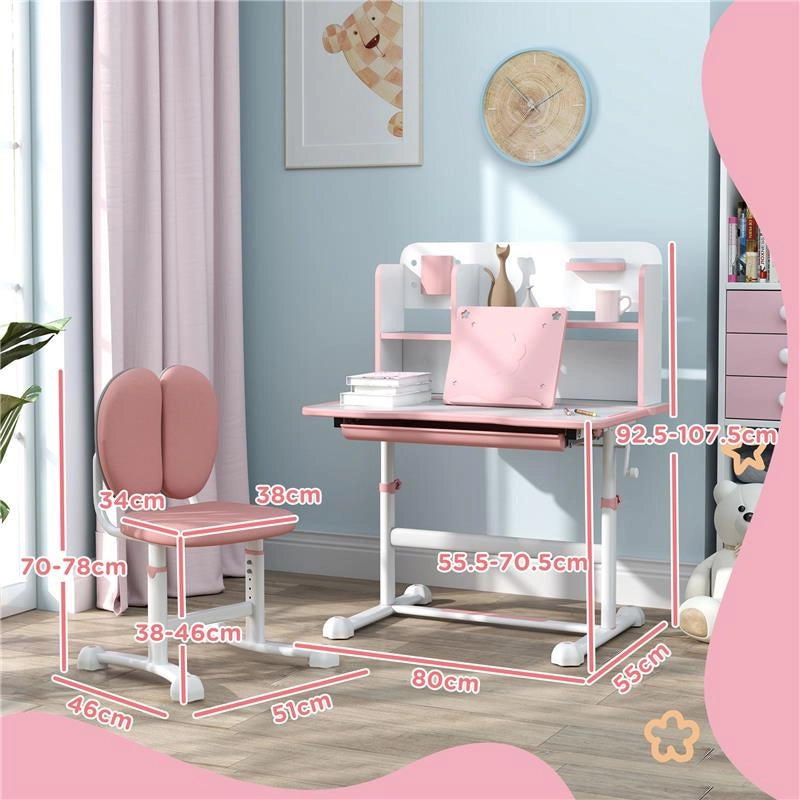 SET SCRIVANIA E SEDIA PER BAMBINI REGOLABILI BANCO SCUOLA CON PIANO INCLINABILE CASSETTO SCAFFALE ROSA
