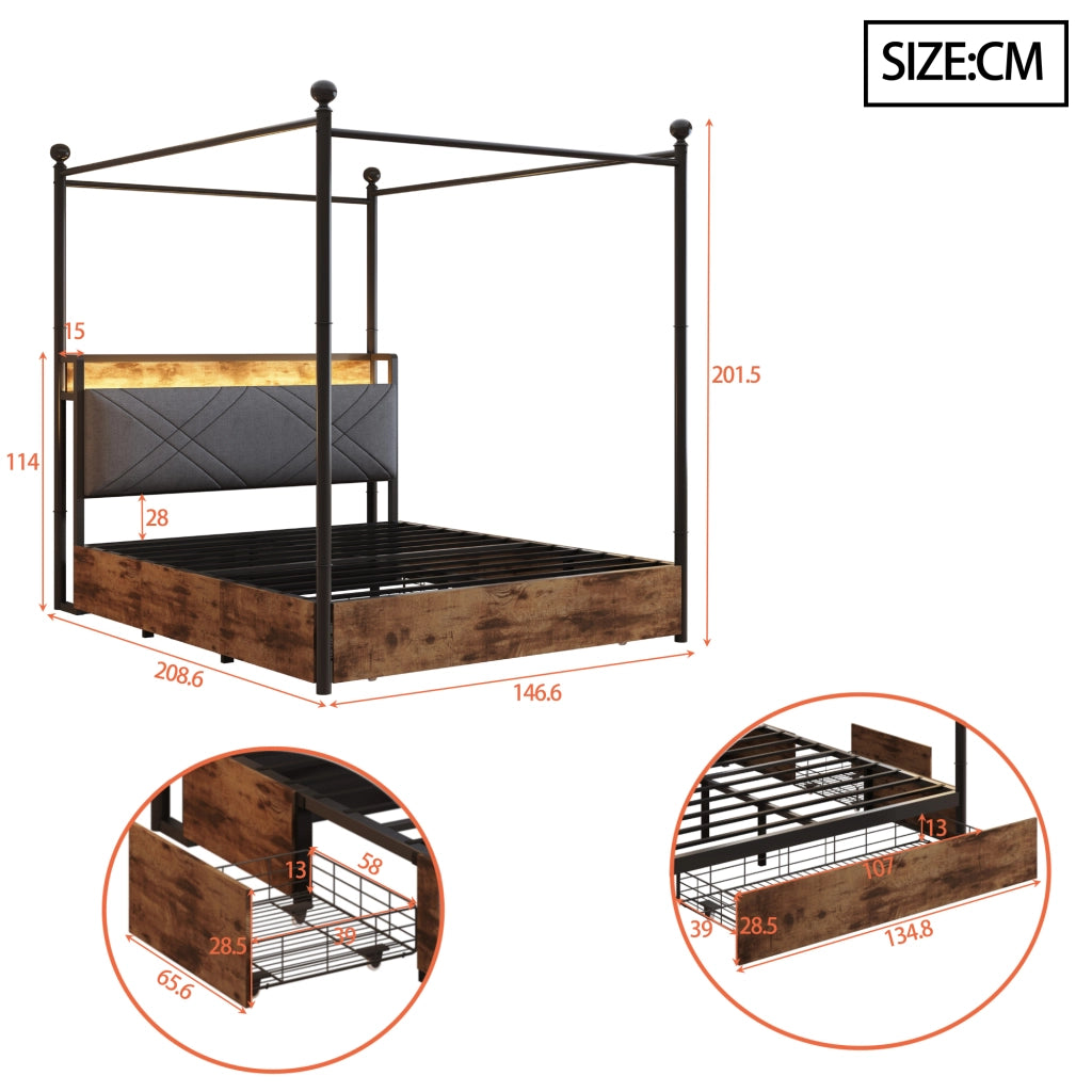 OKWISH Letto Contenitore 140×190 cm, Letto Matrimoniale con USB, Tipo C, LED Regolabile e 3 Cassetti, senza Materasso, in Metallo, Nero