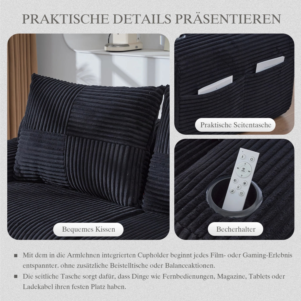 Divano modulare a 3 posti con portabicchieri e tasca laterale in tessuto effetto corduroy nero 268 × 174 × 66 cm