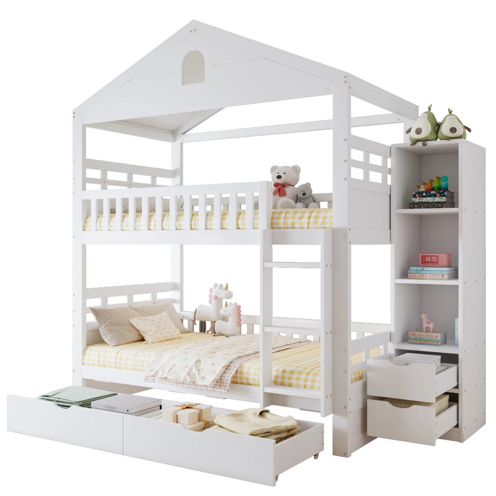 Letto a castello a casetta 90x200 cm bianco con scala; cassetti e scaffale