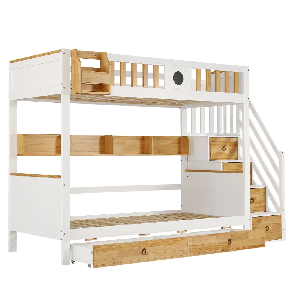 LETTO A CASTELLO con scala contenitore 90x200 cm legno e MDF bianco/naturale