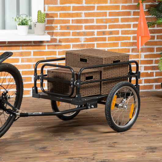 Carrello Bici da 70L con 2 Ruote da 16" 2 Catarifrangenti e Bandierina 125x64x53,5 cm in Acciaio e PE Nero
