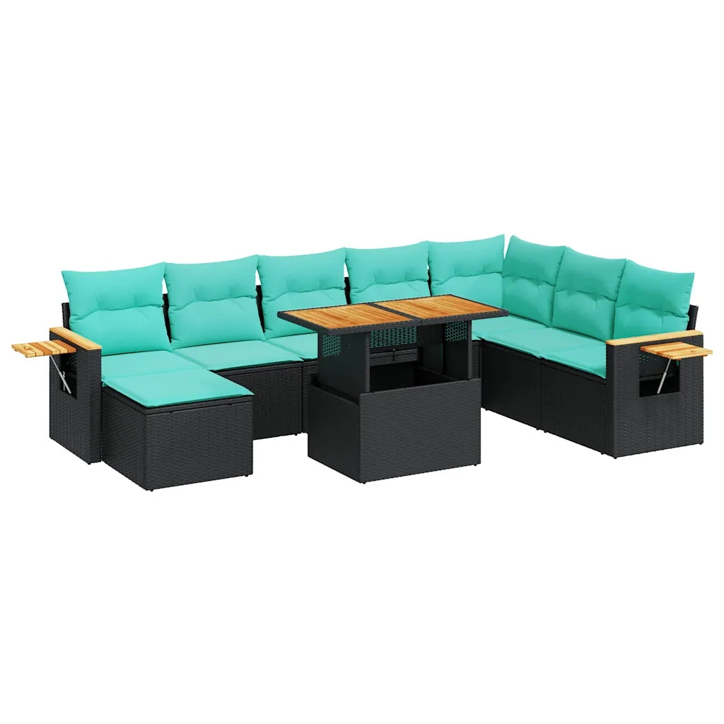 Set Divani Giardino 10pz con Cuscini Nero in Polyrattan Acacia
