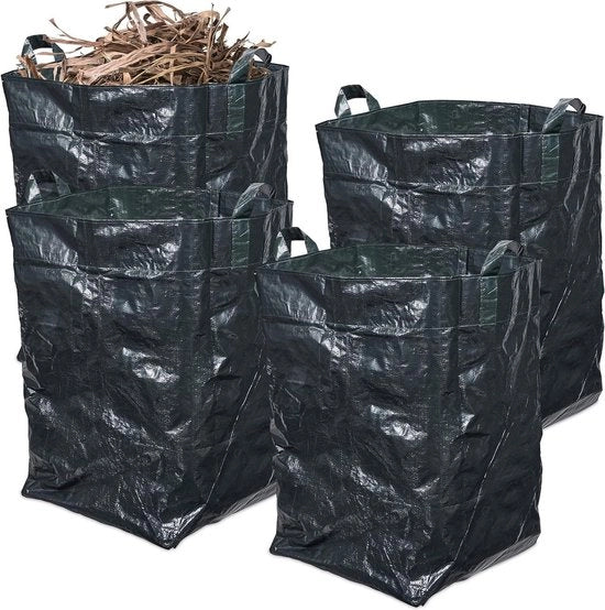 Set di 4 sacchi di immondizia per giardino 200 litri, impermeabili, pieghevoli, con maniglie, colore verde scuro.