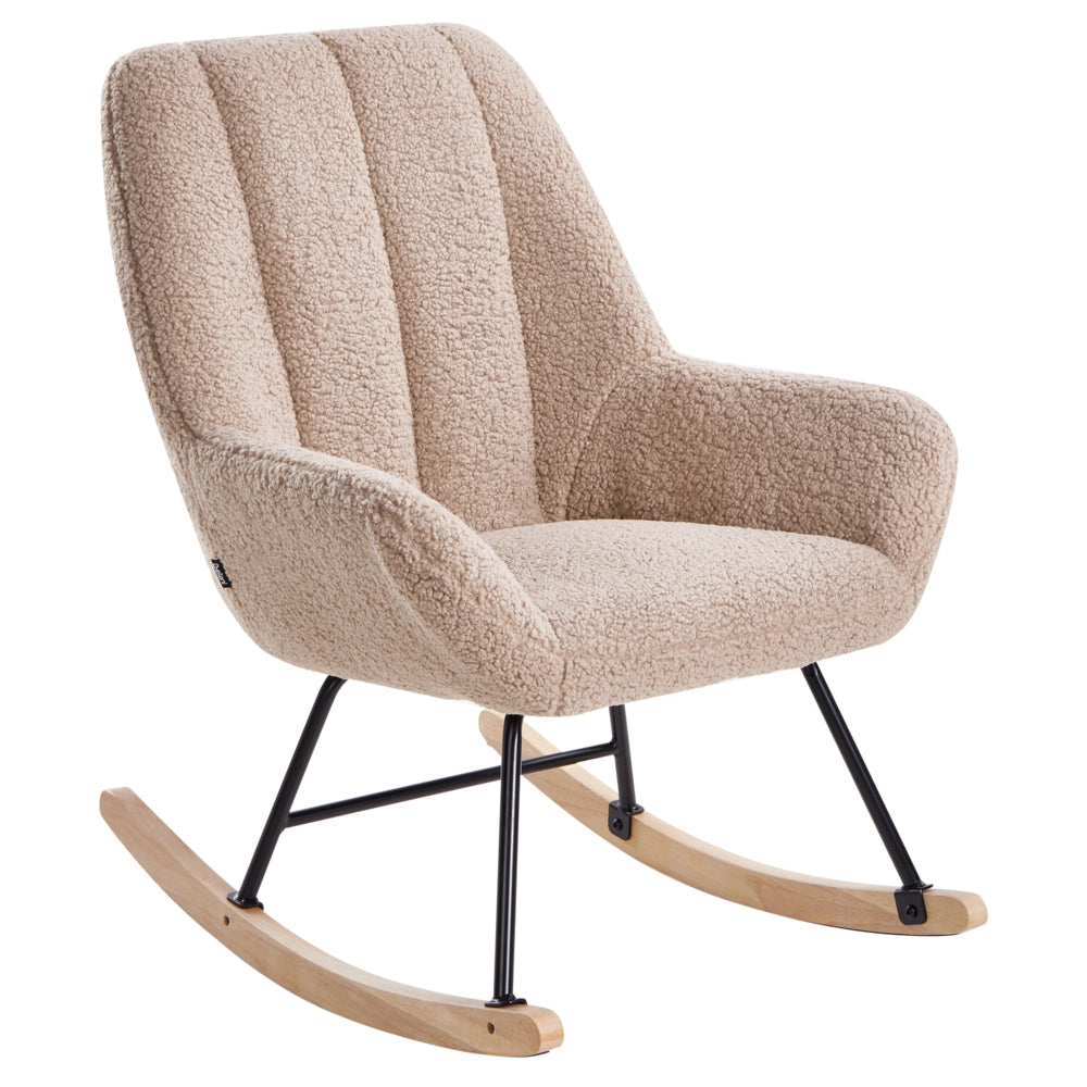 Sedia a dondolo Rivestimento in bouclé beige Teddy Metallo Gambe nere Braccioli Ampio schienale Soggiorno
