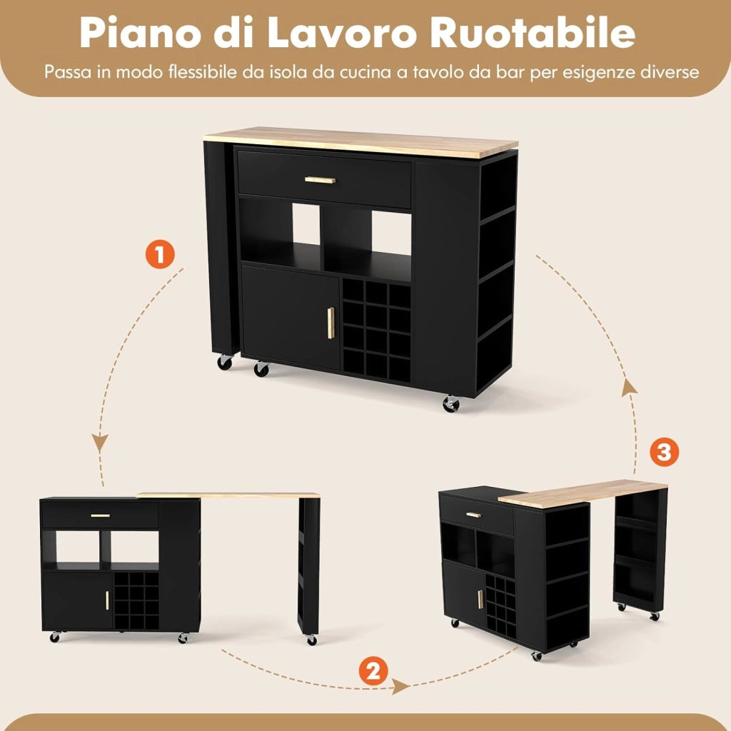 2 in 1 Carrello da Cucina, Carrello di Servizio Reversibile con Piano in Legno di Gomma, Ripiano Regolabile Porta Calici per 12 Bottiglie, 120x40x100 cm (Nero)