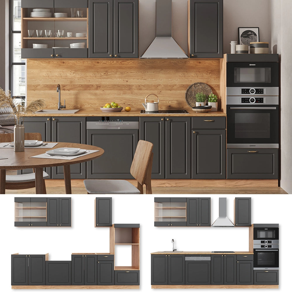 Cucina componibile Fame-Line Antracite rustico/Rovere dorato 300 cm con armadio alto, PL Antracite Vicco