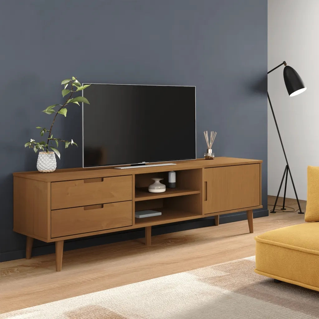 Mobile TV-Credenza per TV MOLDE Marrone 158x40x49 cm in Legno Massello di Pino