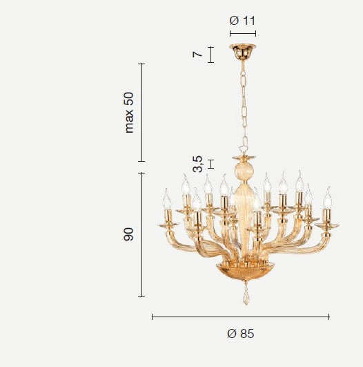 LAMPADARIO VILLA VETRO E METALLO 12 LUCI BIANCO E CROMO ATTACCO E14 D.85CM