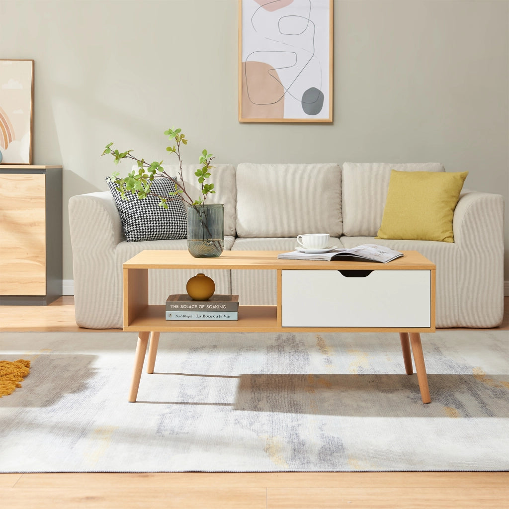 Tavolino Centrale da Caffè Bordkak con Cassetto 100 x 48 x 45 cm - Effetto Rovere / Bianco [en.casa]