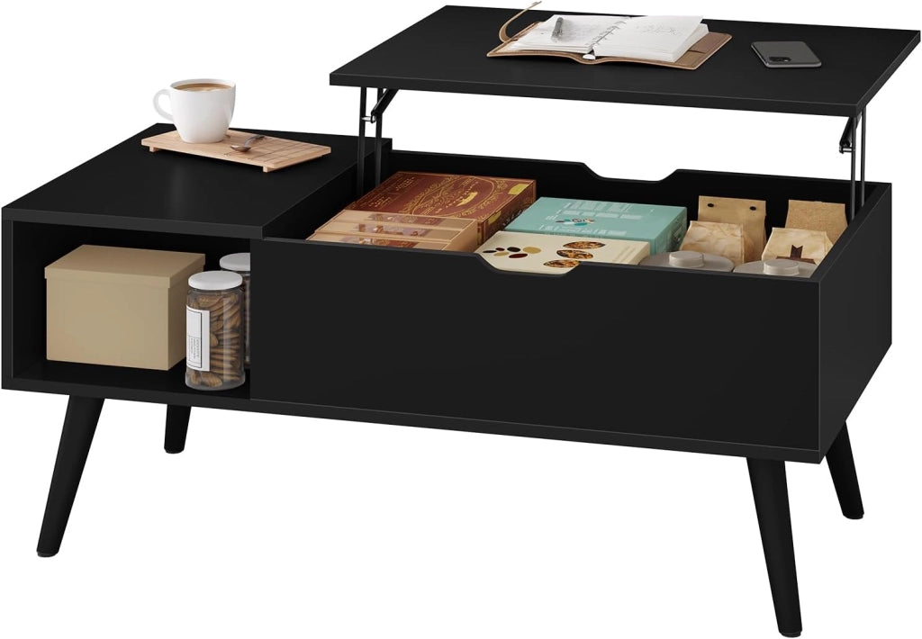 Tavolino da Caffè Sollevabile e Allungabile, Tavolo con Spazio Interno e Scomparto Aperto, Tavolino da Salotto per Soggiorno, 100x50x(43-57) cm, Nero, BTS26sz