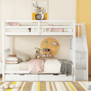 Letto a castello per bambini - Xylo - 140x200 cm - Bianco - Con scala, ripiani e due cassetti