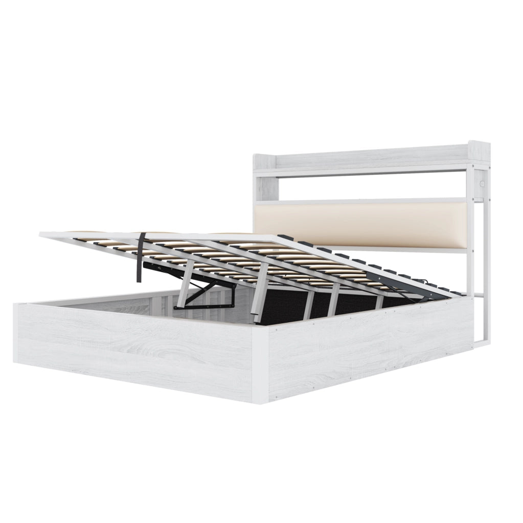 Letto matrimoniale 180x200 cm con contenitore; sollevamento idraulico; USB; testiera imbottita bianco