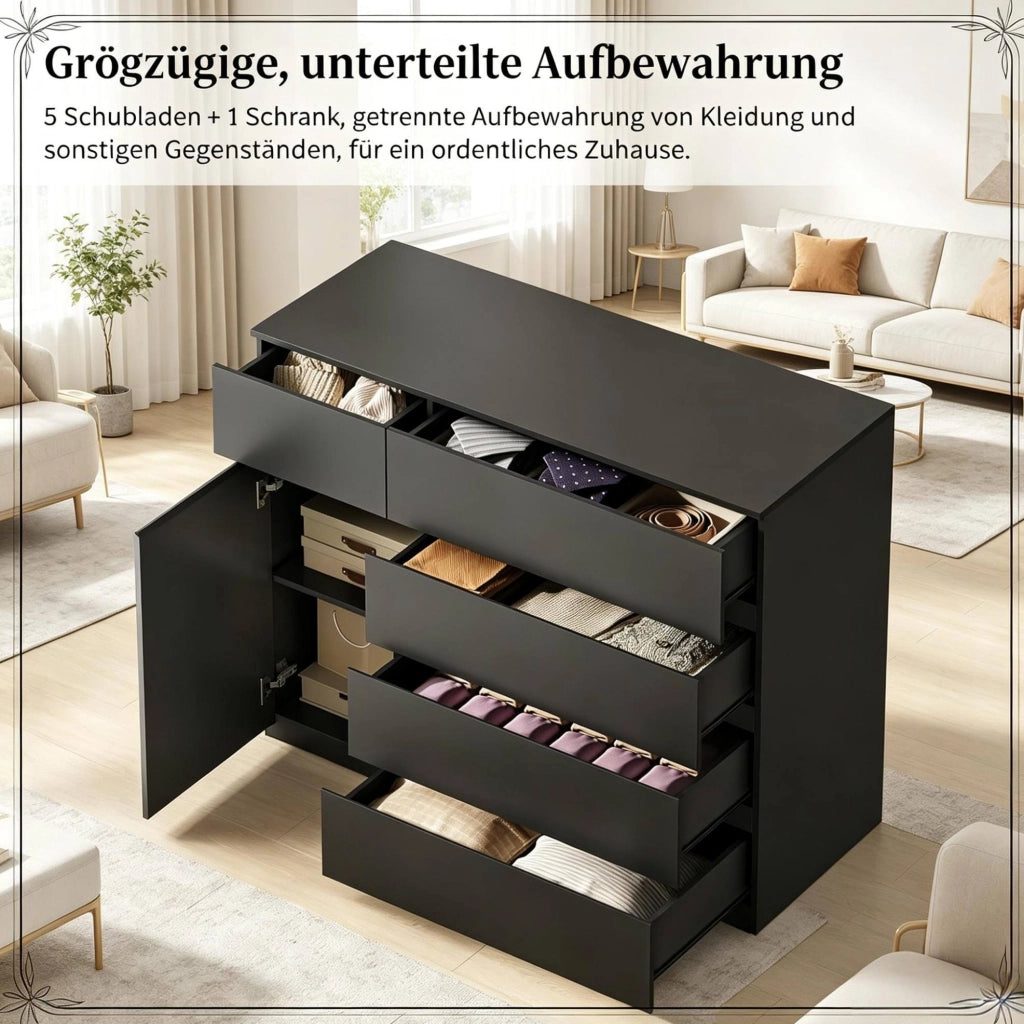 Mobile contenitore con 5 cassetti e armadietto regolabile; 100x40x80 cm; nero