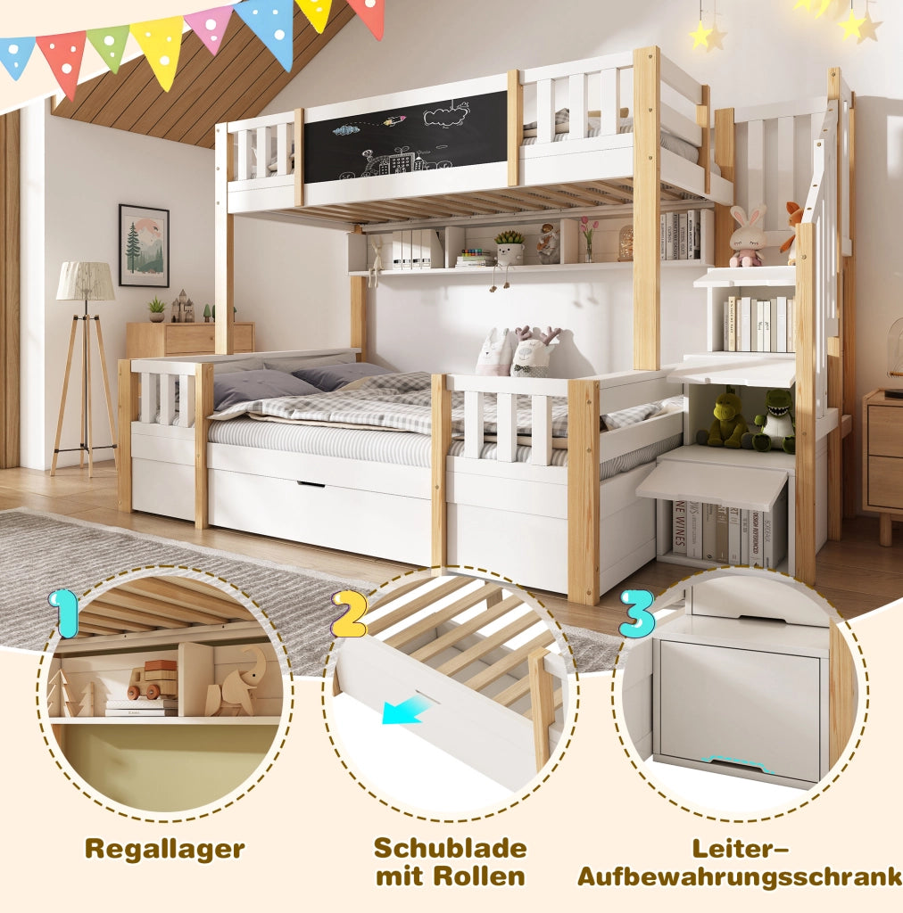 Letto a castello per bambini 90x200 e 140x200 cm in legno massiccio; bianco e naturale
