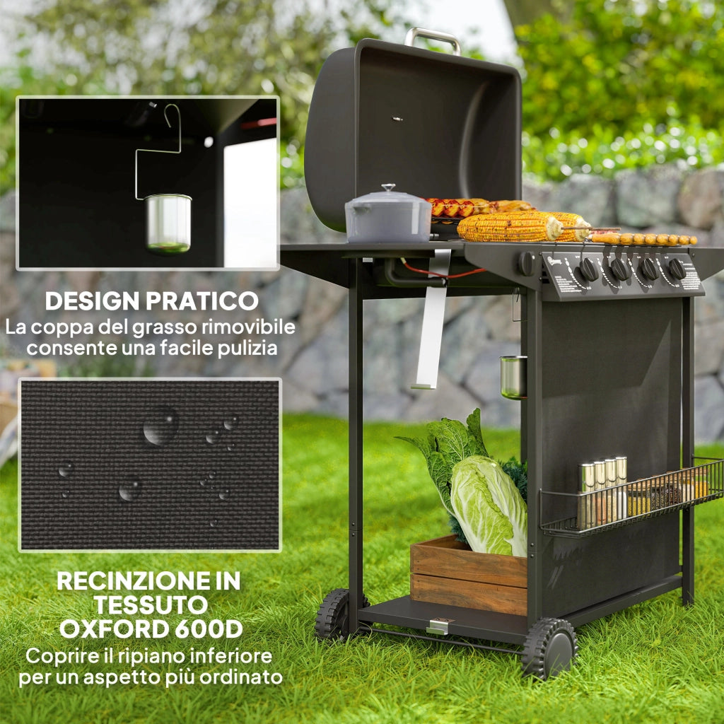 Barbecue a Gas con 4+1 Bruciatori Indipendenti e Coperchio con Termometro, 121x54x97 cm, Nero