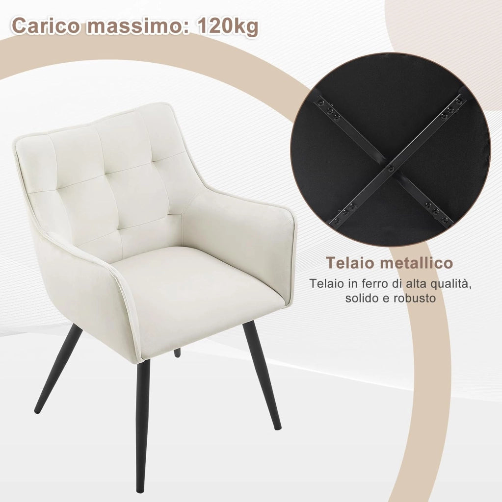 Set di 2 Sedie da Pranzo Moderne, Sedie da Cucina con Schienale e Braccioli, Poltroncine Imbottite con Gambe in Metallo, per Salotto, Ufficio e Cameretta, in Velluto, Crema, BH374cm-2
