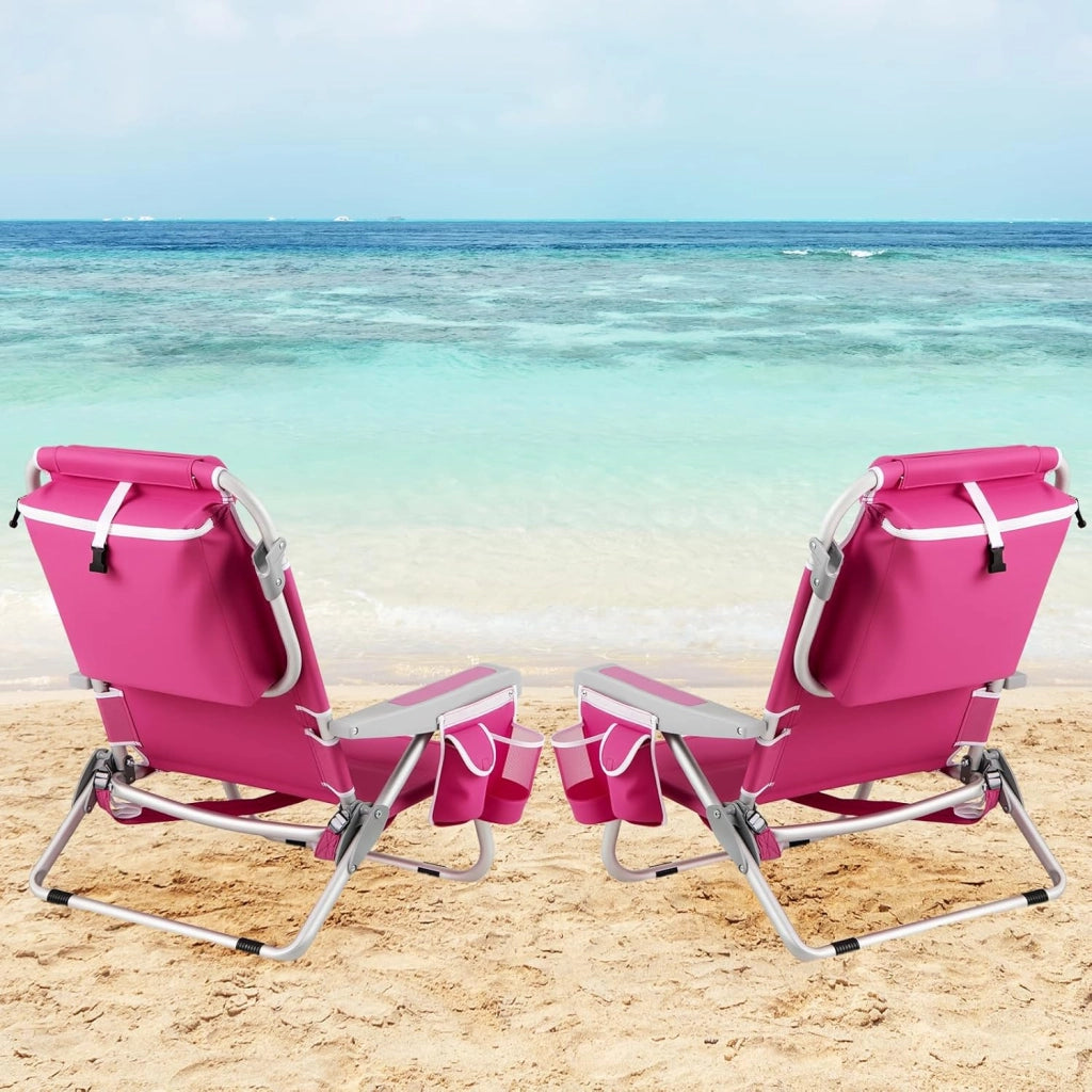Sedia da spiaggia pieghevole, sedia da campeggio con schienale regolabile in 5 posizioni, porta asciugamano, tasca e cuscino per la testa, sedia pieghevole e sdraio 2-in-1, fino a 150 kg (65 x