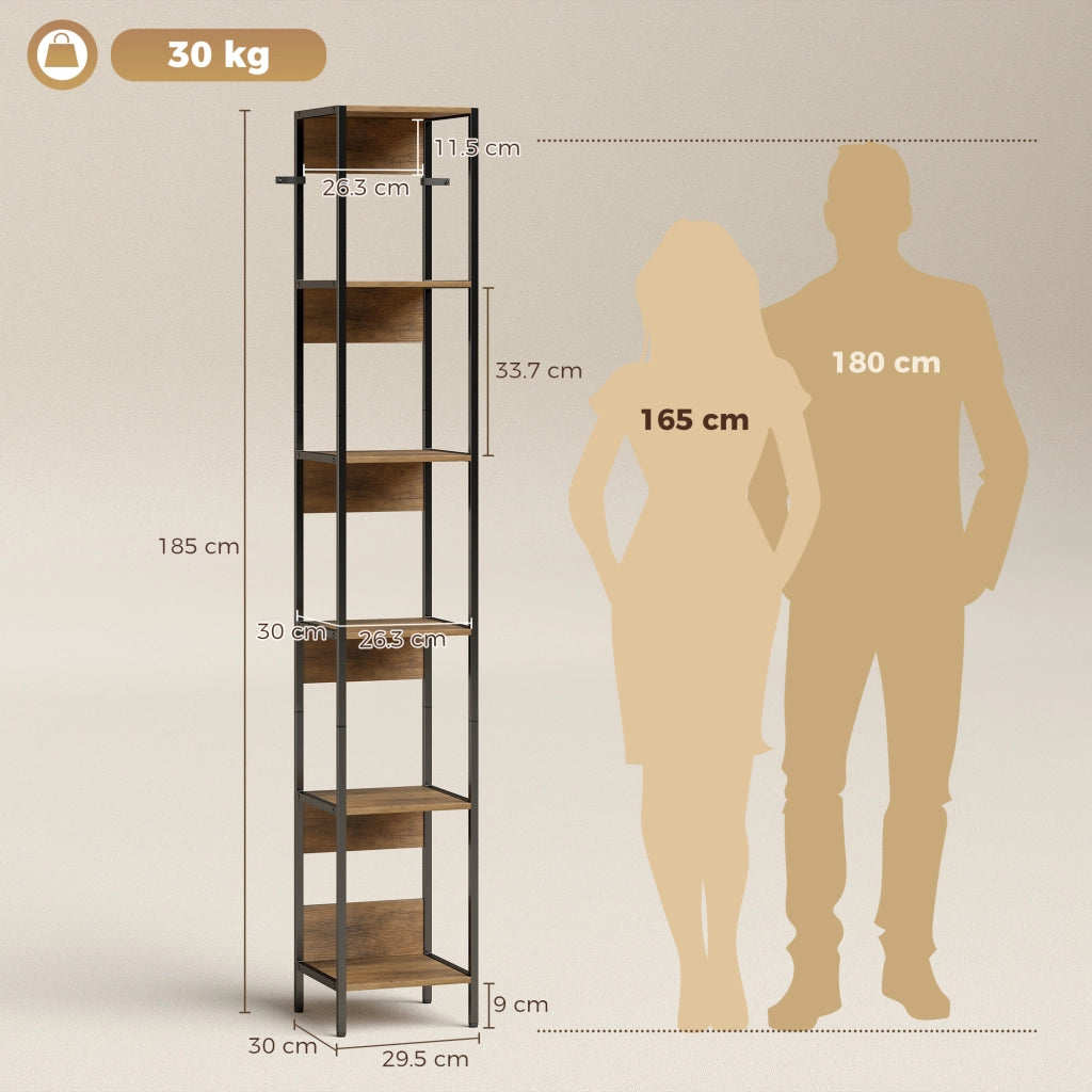 Libreria Verticale Salvaspazio 6 Ripiani 29,5x30x185 cm Marrone e Acciaio Nero