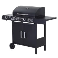 Barbecue a Gas a 5 Fornelli con Ripiani Laterali e Armadietto, in Acciaio e PP, 125x51x100 cm, Nero