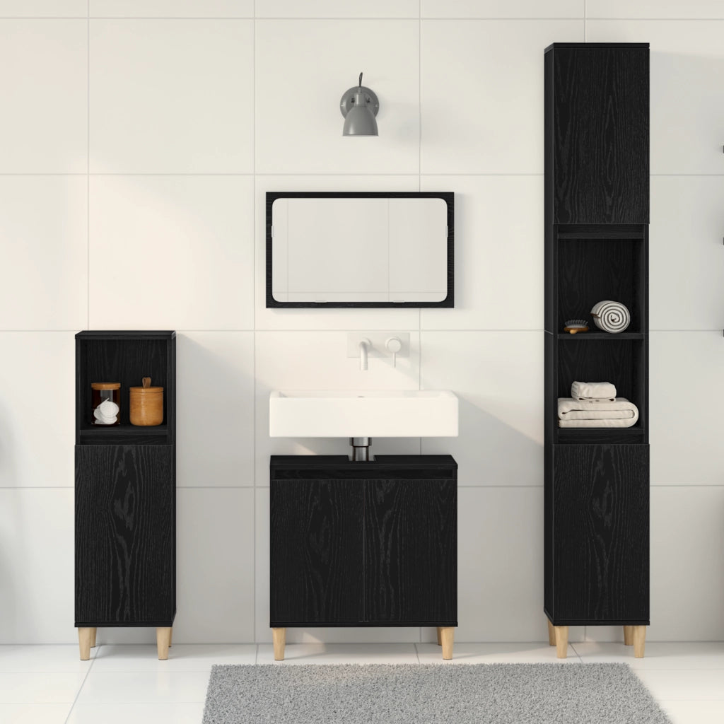 Set di Mobili da Bagno in 3 Pezzi Rovere Nero Legno Ingegnierizzato
