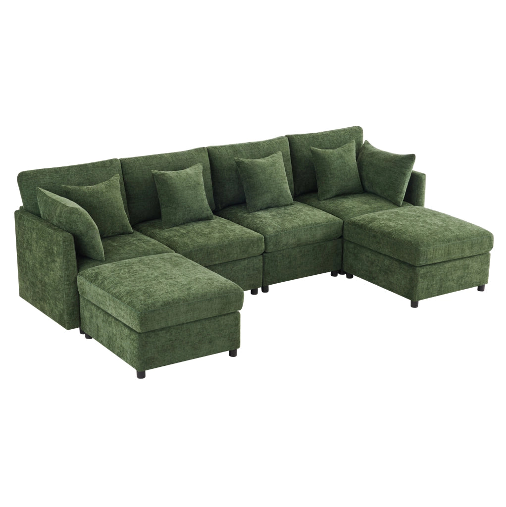 Sofà modulare in chenille con 2 pouf e 6 cuscini, forma a U o L, 278x161x81 cm, per salotto e area living