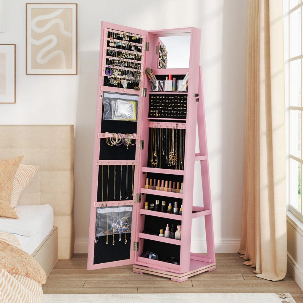 Armadio portagioielli girevole a 360¡ã con specchio, Organizer gioielli 2 in 1 a figura intera Rosa-Armadietti per gioielli