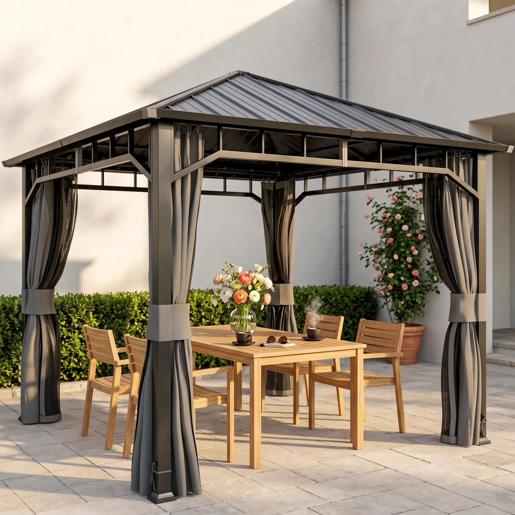 Gazebo Giardino 3x3 m ¨C zephmum ¨C Hardtop Scuro Impermeabile con Rete e Ganci