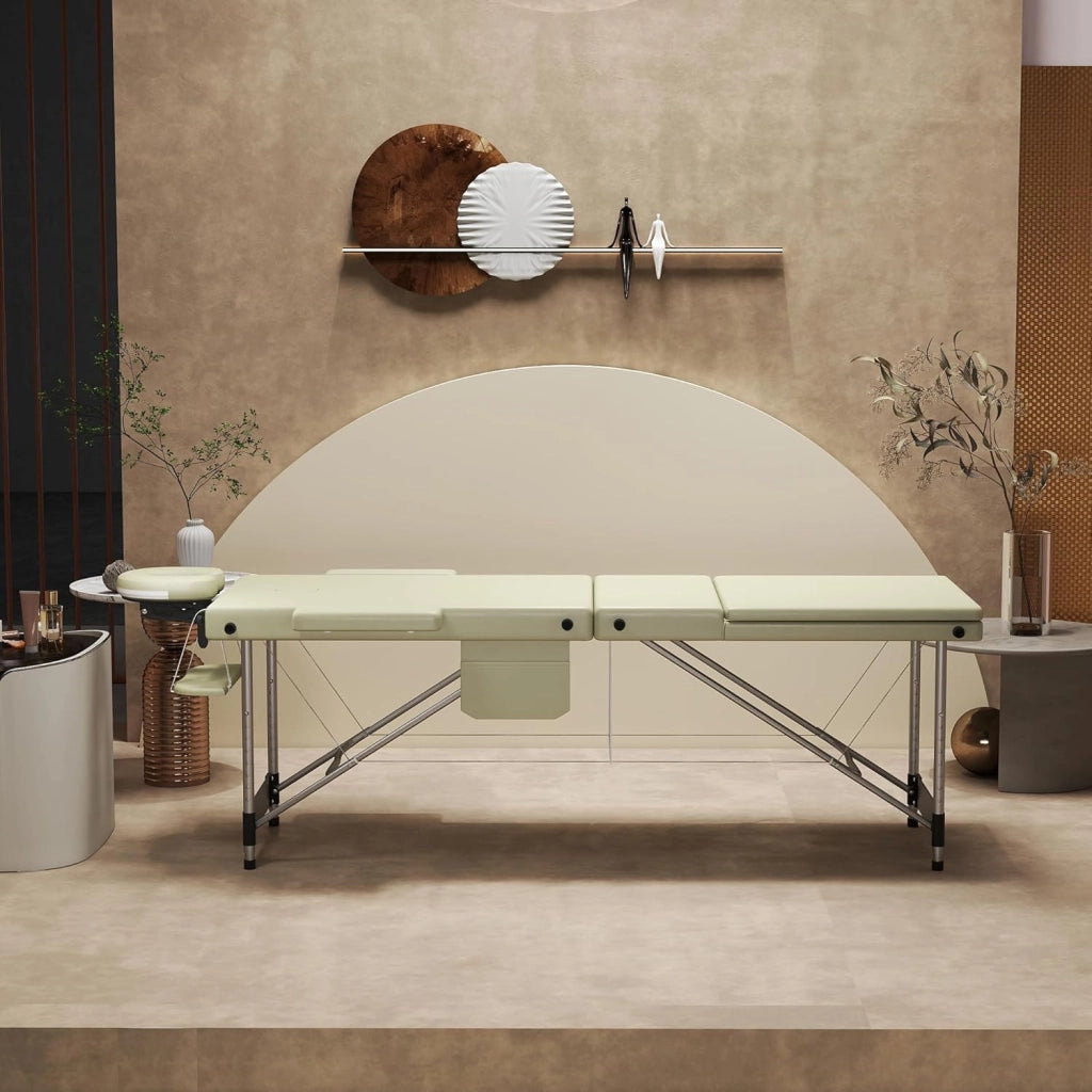 Lettino massaggiante pieghevole a 3 zone, altezza regolabile con braccioli, cuscino viso e custodia, in alluminio, colore: beige