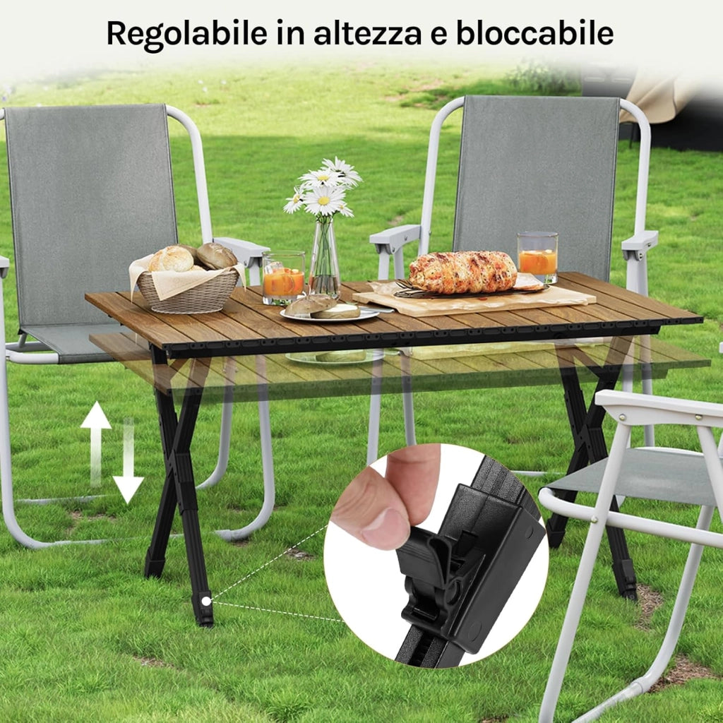 Tavolo da Campeggio Pieghevole Leggero, Tavolo da Esterno Portatile, Altezza Regolabile, Tavolo da Giardino con Piano Arrotolabile in Alluminio, Borsa Portaoggetti, Carico 50kg, Rovere Chiaro