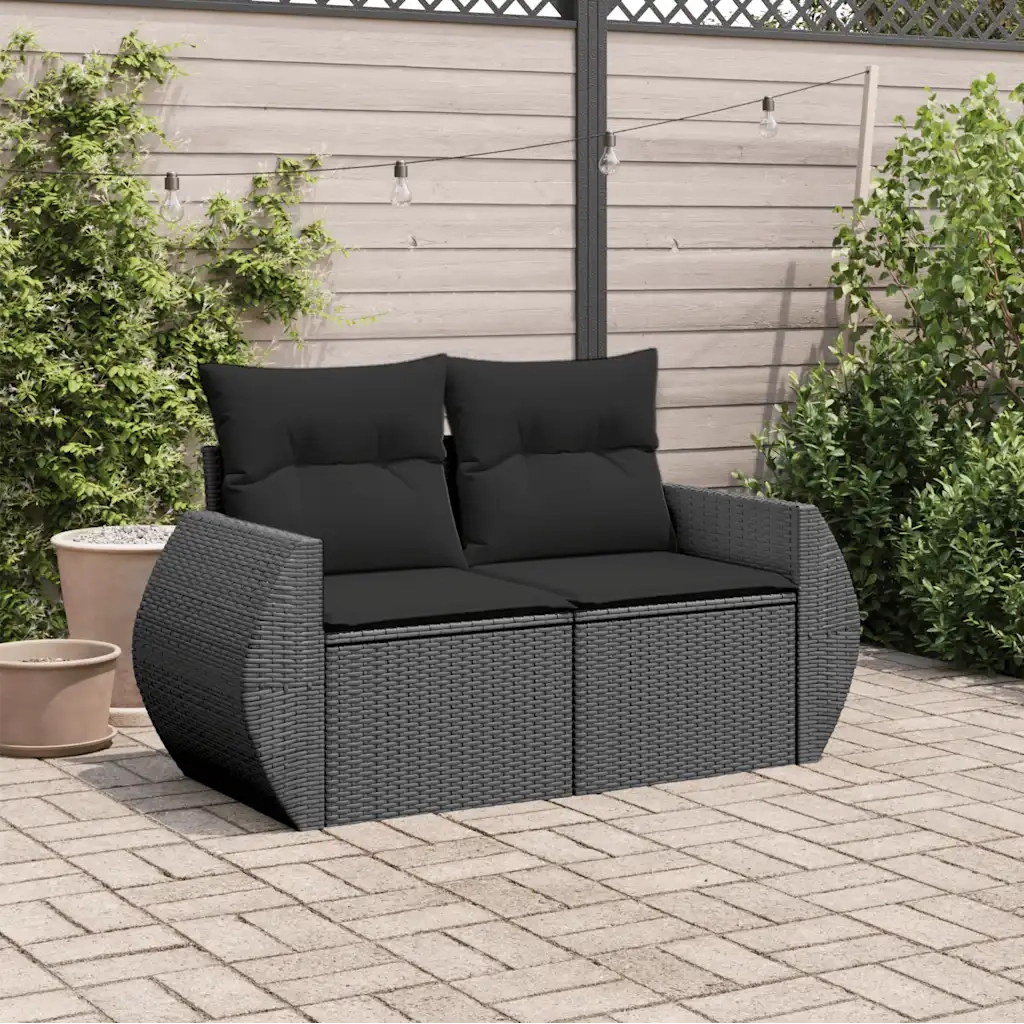 Divano da Giardino con Cuscini a 2 Posti-Sofa da Giardino-Divano da esterno Nero in Polyrattan 147043