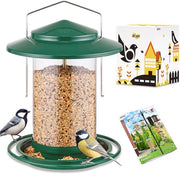 Aviario Metallico Sospeso, Cassetto Cibo con Bacino, 6 Aperture Cibo, Copertura in Acciaio Antisfondrante 18 cm, Nutrizione per Uccelli tutto l'anno, Aviario per Uccelli Selvatici, Verde