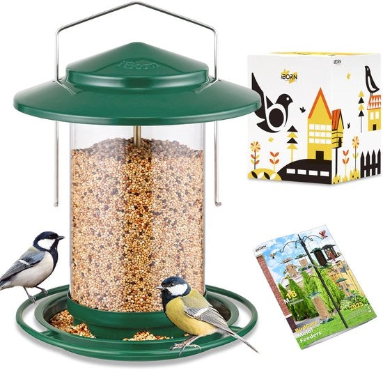 Aviario Metallico Sospeso, Cassetto Cibo con Bacino, 6 Aperture Cibo, Copertura in Acciaio Antisfondrante 18 cm, Nutrizione per Uccelli tutto l'anno, Aviario per Uccelli Selvatici, Verde