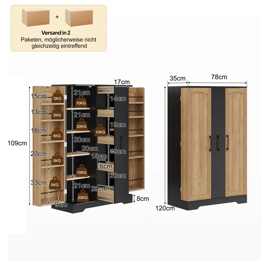 Credenza e madia con 2 ante, 4 ripiani e vani porta spezie, stile moderno, per cucina, in MDF, nero, 120 × 78 × 35 cm