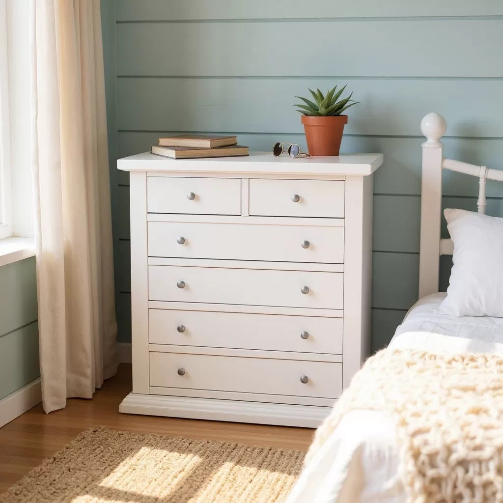 Cassettiera 6 cassetti legno shabby bianco pomolo argento 86x40x96 - Mobili 2G