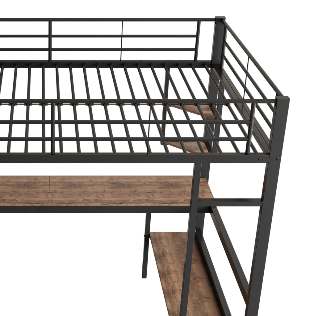 Letto a soppalco 90x200 cm con scrivania; libreria e ripiani; in metallo nero