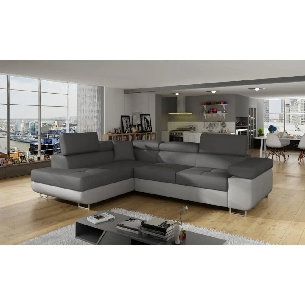 Divano ad angolo convertibile MENTON grigio e bianco bouclé – Angolo sinistro con vano contenitore