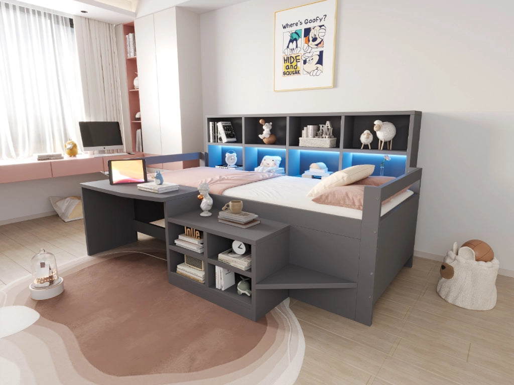 DESMIU Letto a soppalco 90 × 200 cm 1 posto con scrivania, vani contenitore, LED e prese USB, senza materasso, grigio