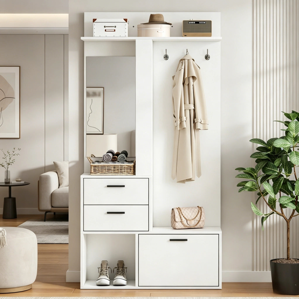 Garderoba salvaspazio con specchio; 2 cassetti e scarpiera ribaltabile 90x30x180 cm; bianco