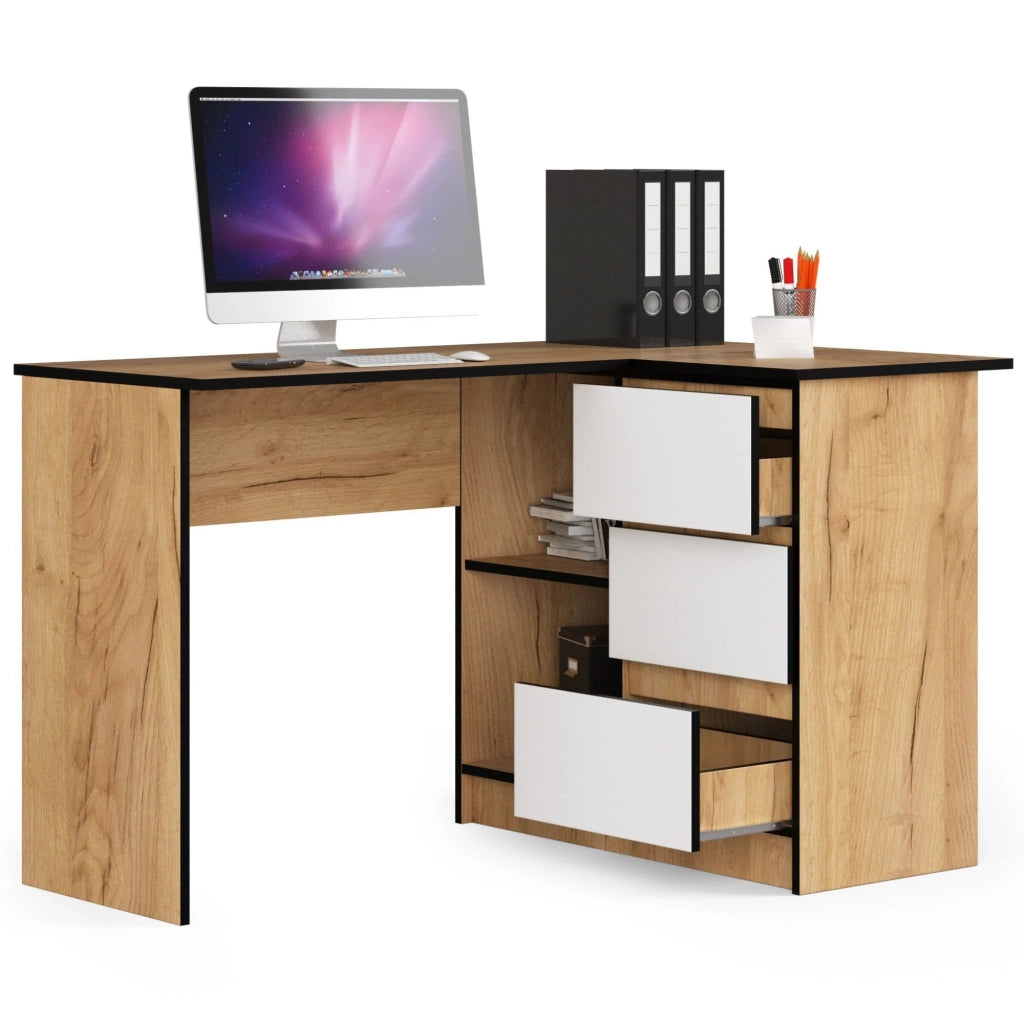Scrivania angolare AKORD B16 Quercia Craft 124 cm 3 cassetti inserto frontale Bianco 124x85x77 cm Modello a destra